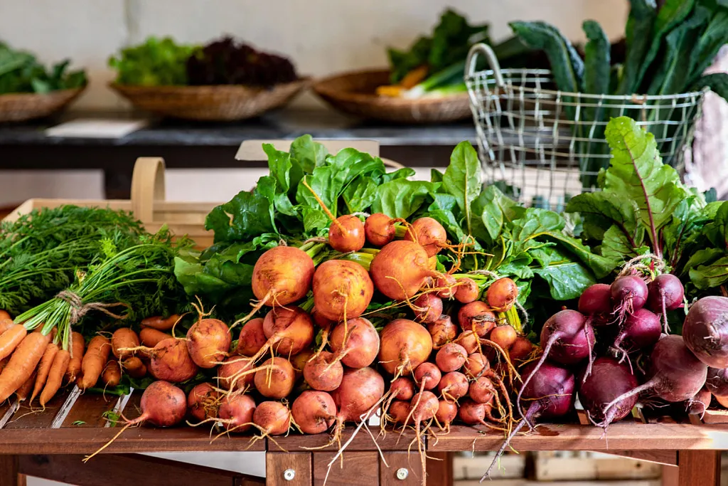 Närbild på knippen med betor i olika färger.
