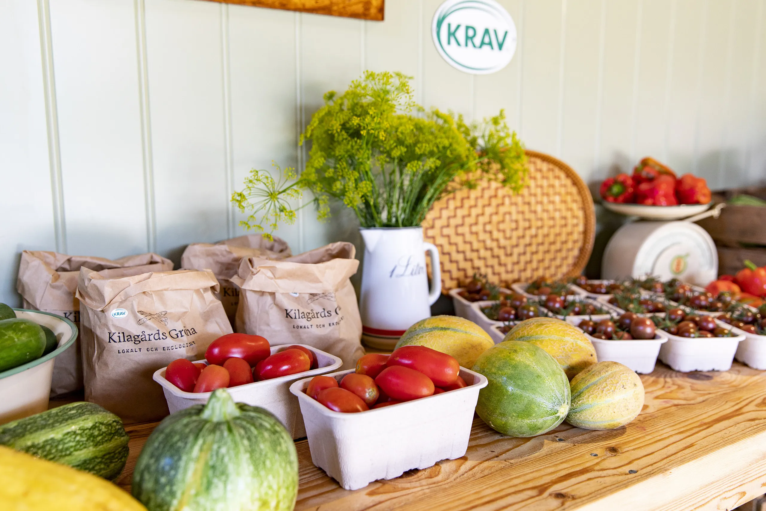 Ett bord med nyskördade grönsaker.