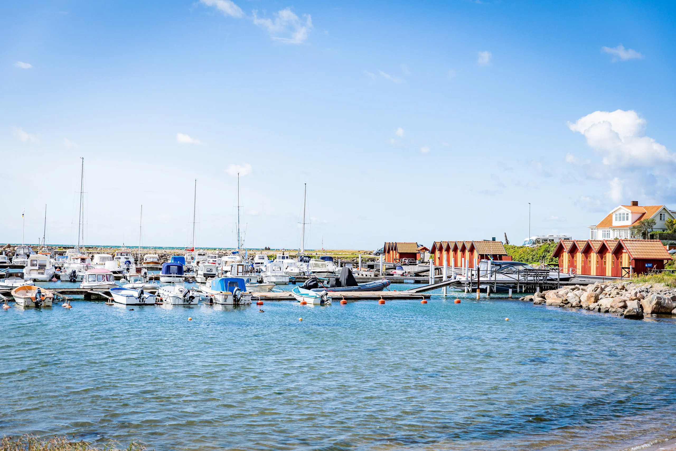 Småbåtshamn med röda sjöbodar.