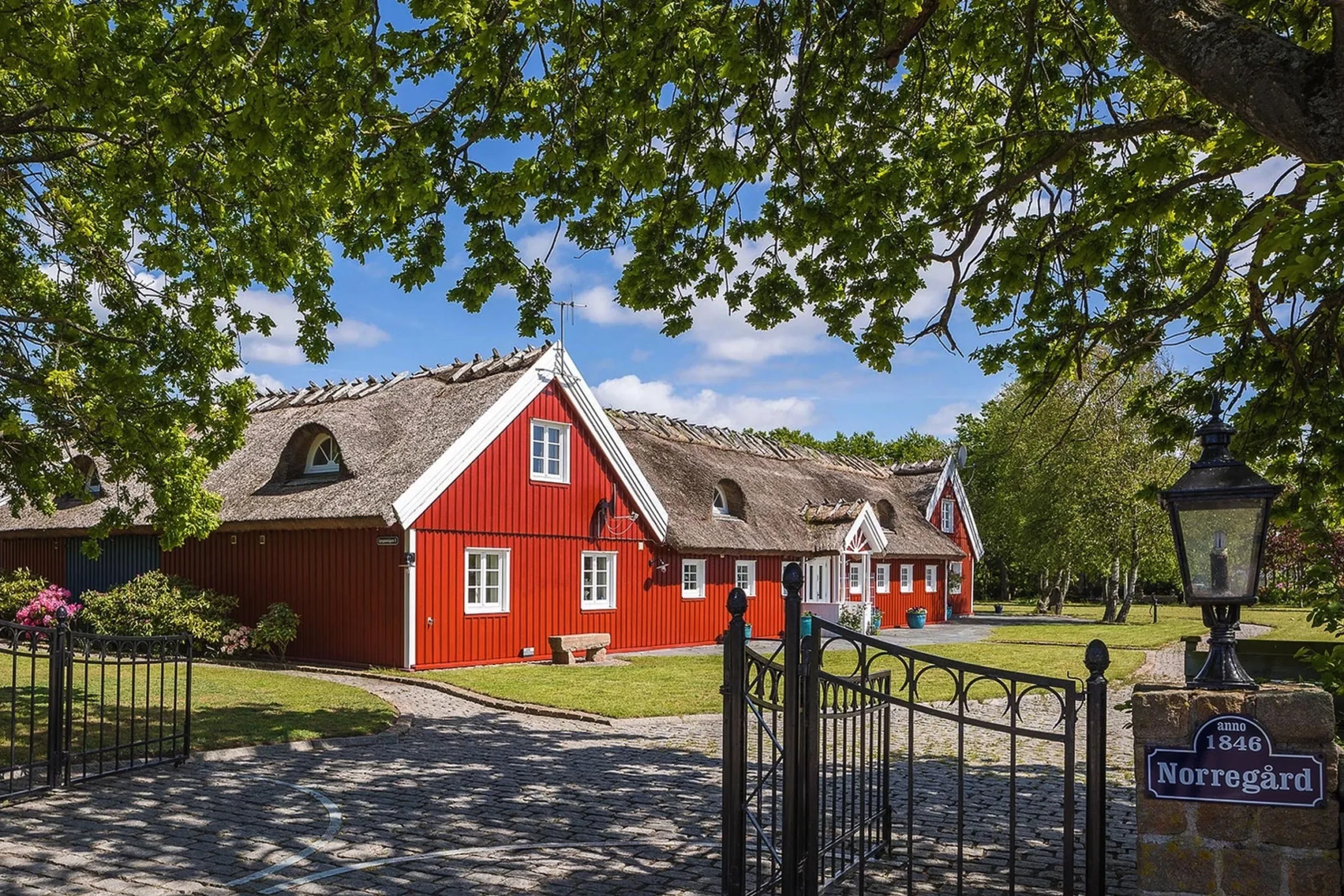 En röd hallandslänga bakom en halvöppen grind.