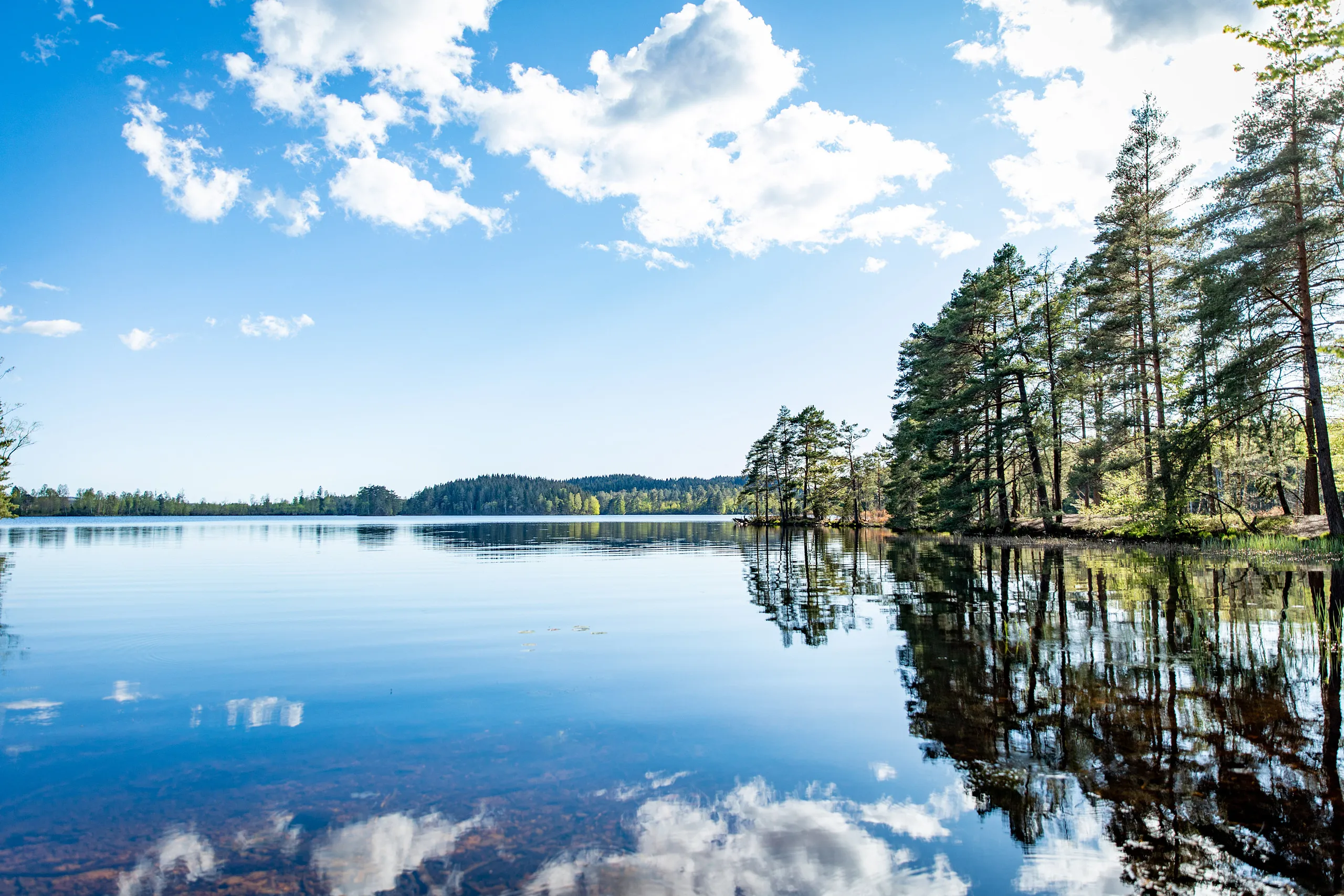 Knobesholmsjön i vacker väder med några få moln på himmeln