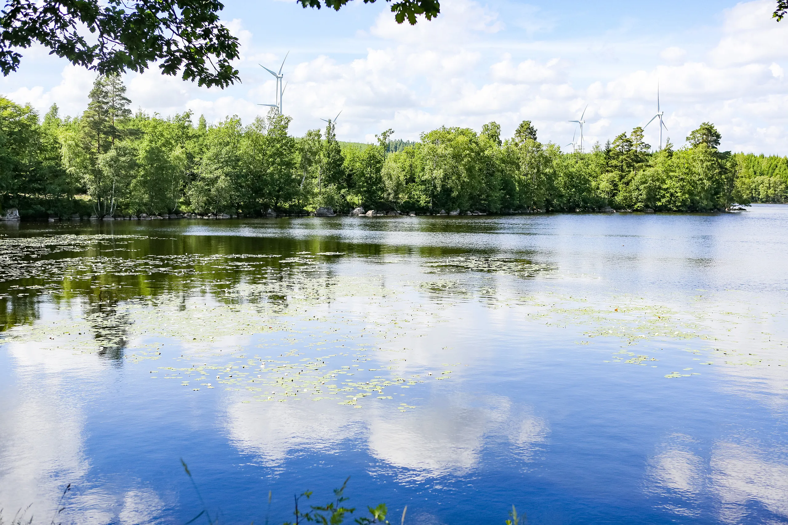 Spegelblank sjö med moln på himmeln