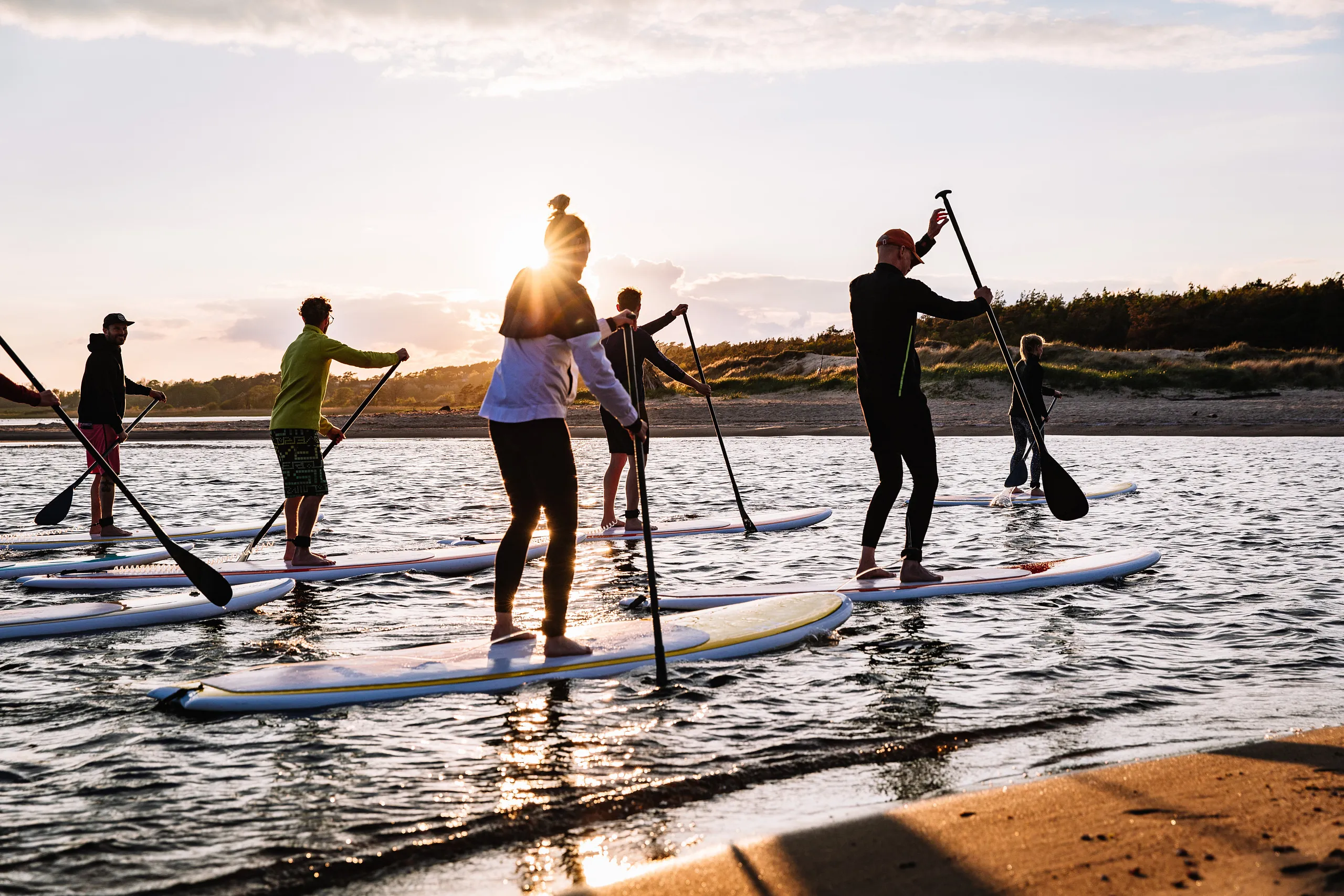 En grupp med sup surfare på havet i solnedgång
