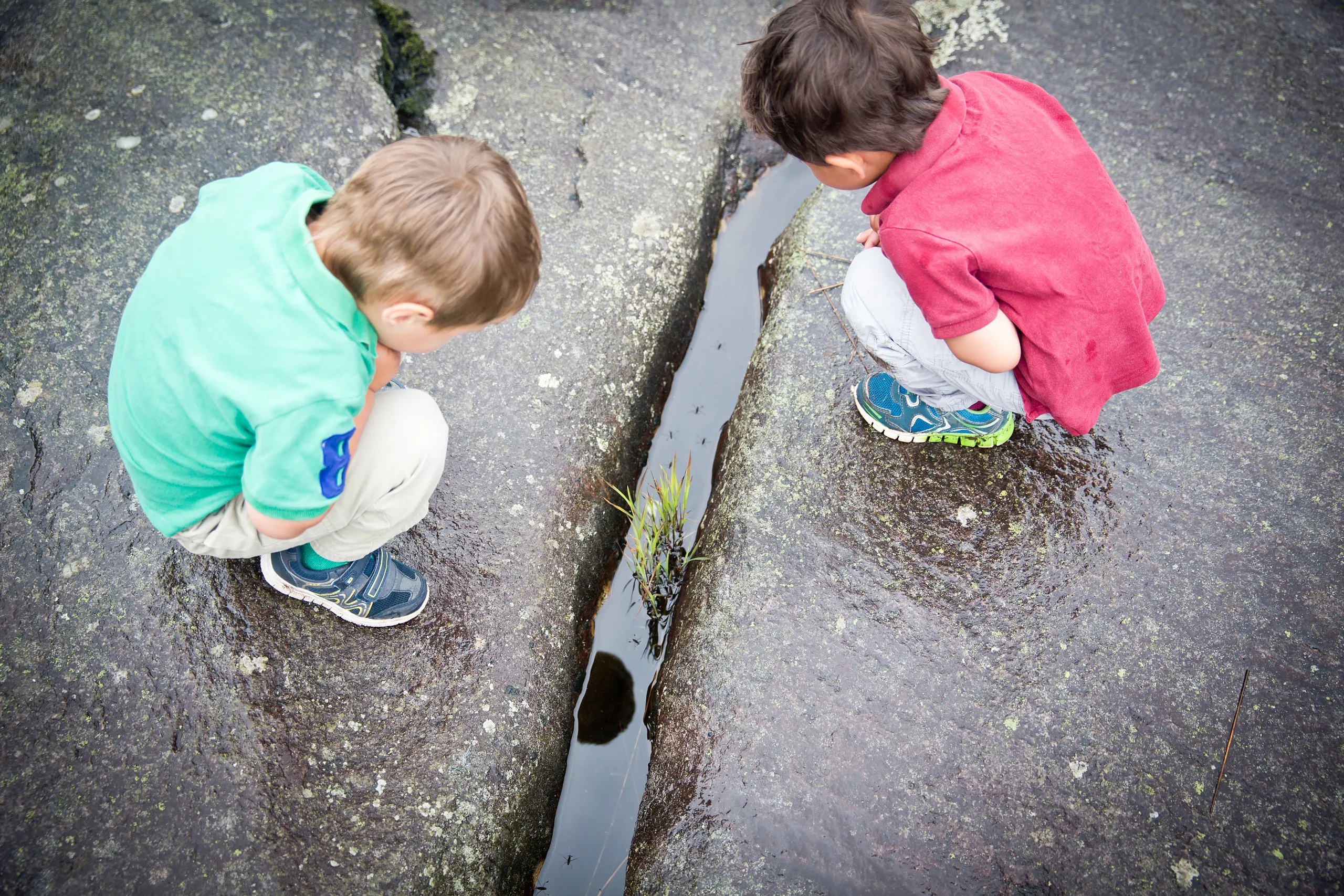 Två barn kollar på en skåra i en sten.