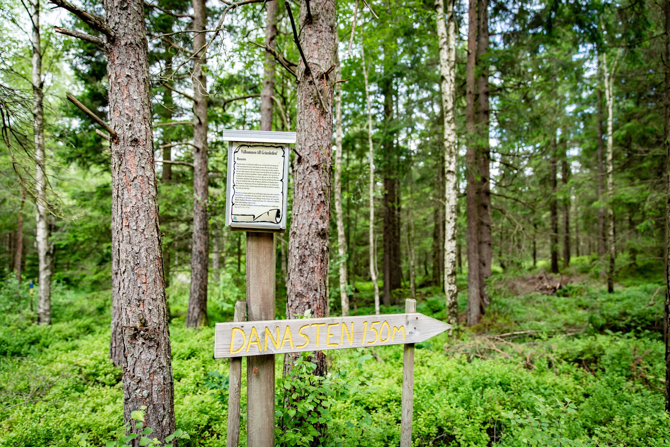 Skylt med texten Danasten 150 m".