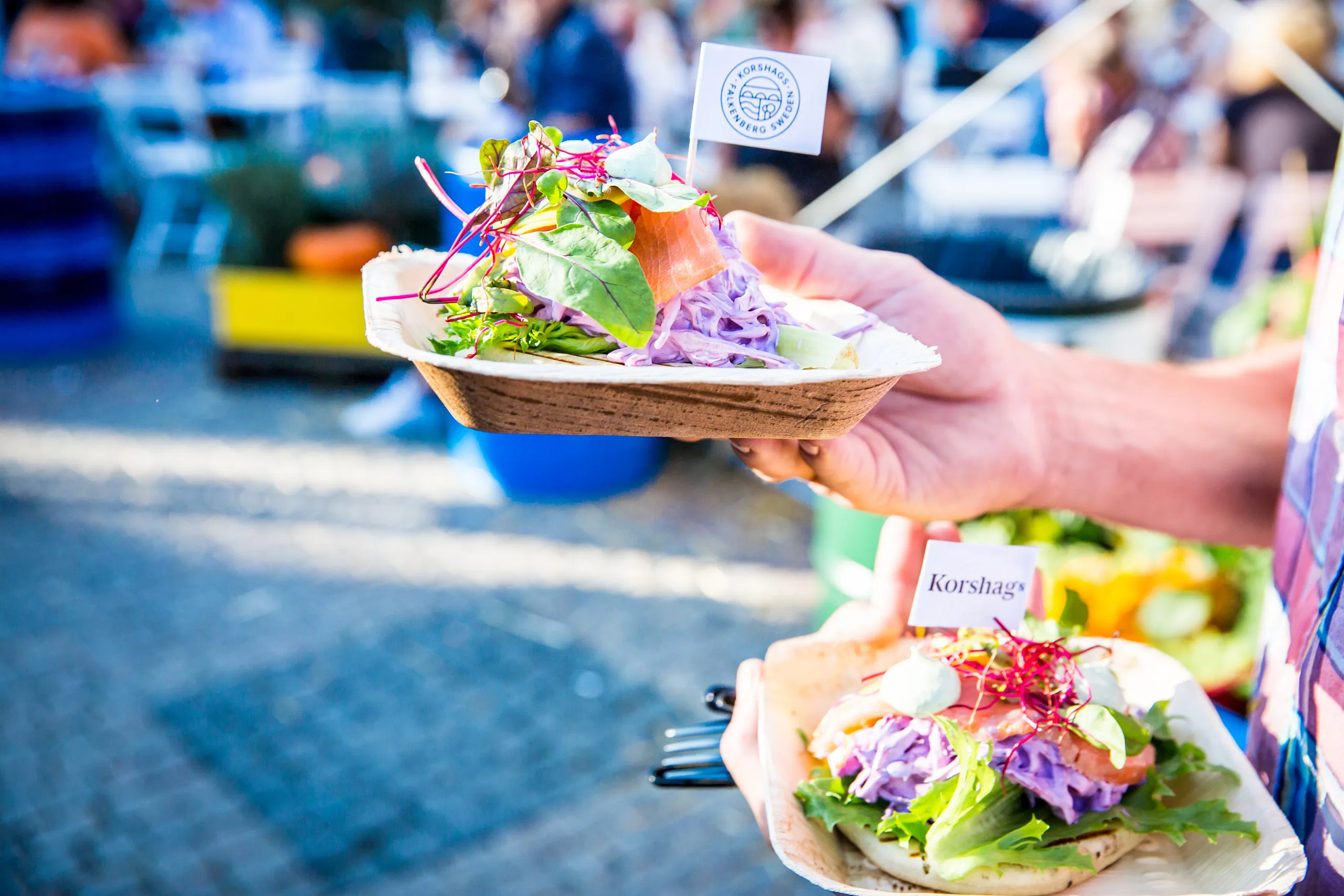 återvinningsbar tallrik med färgglad sallad och lax