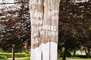 träd med vitmålade ord på