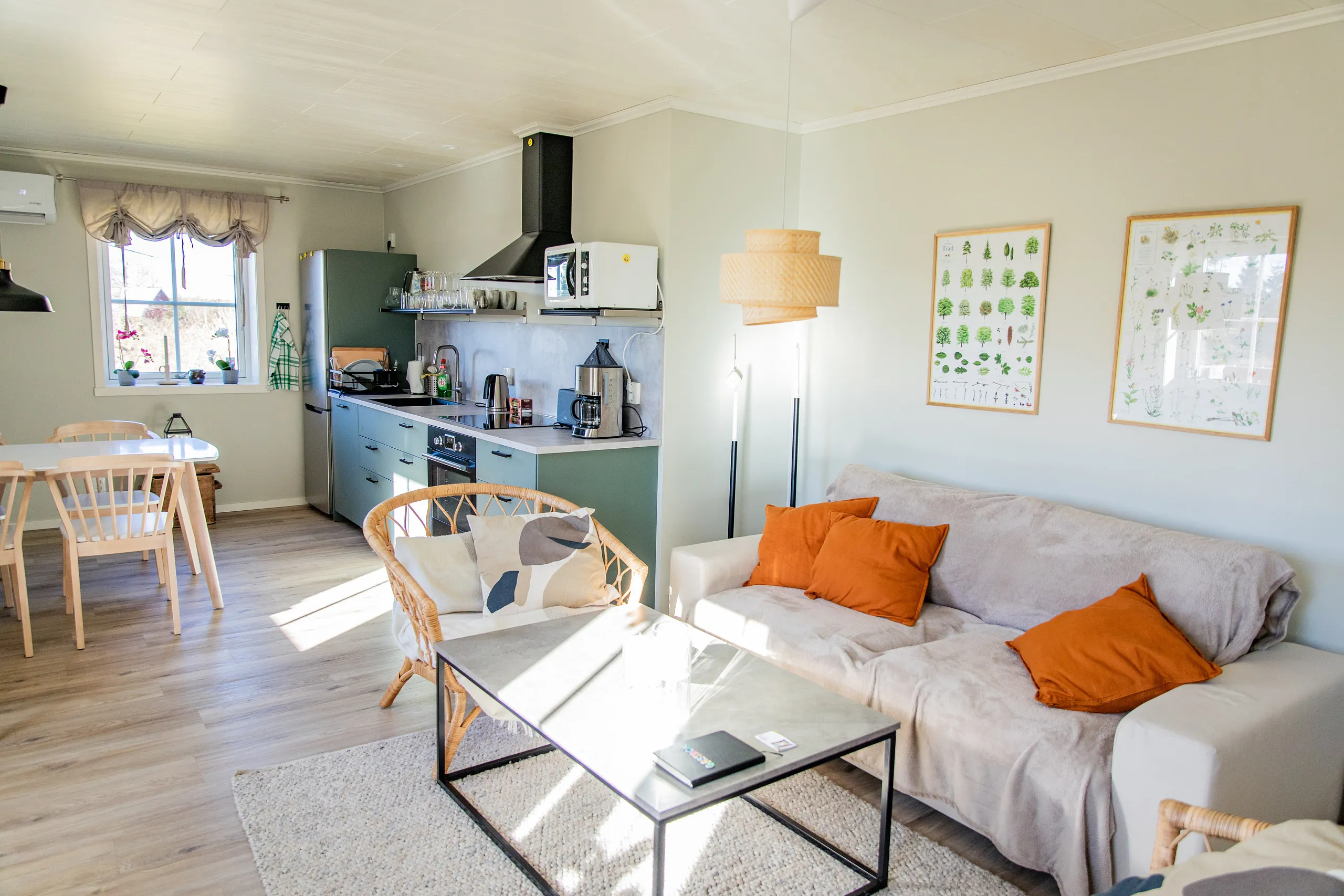 Ett vardagsrum med köksdel.