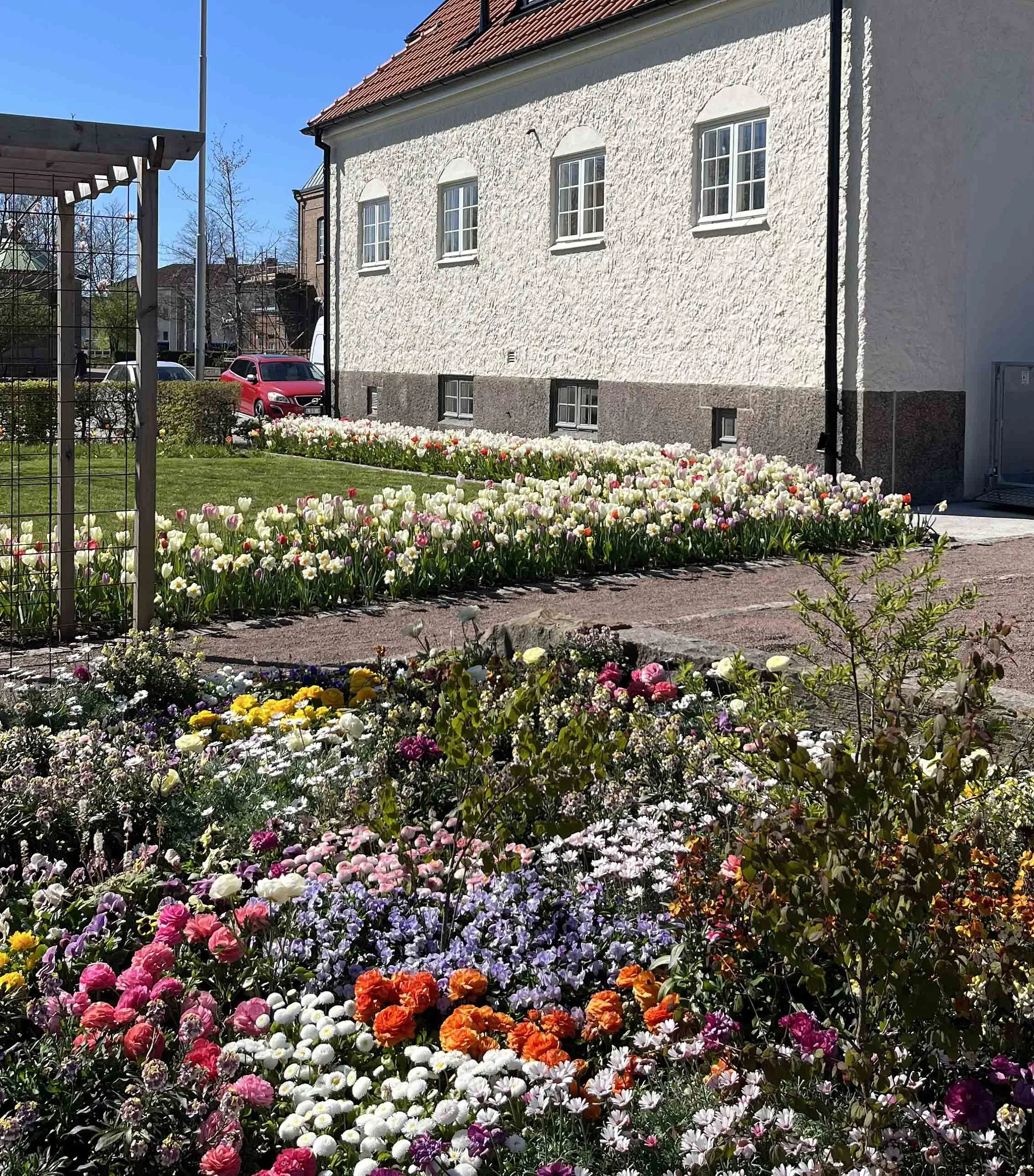 blommor framför hus