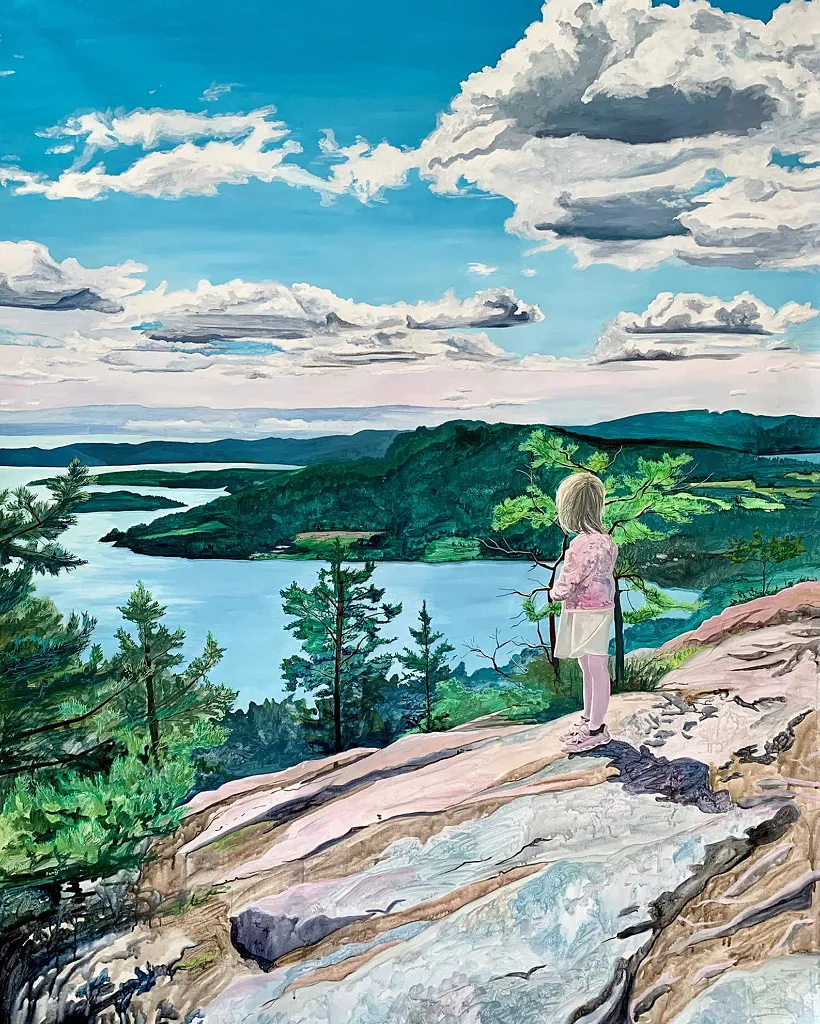 tavla av barn på berg med utsikt över skog och älv