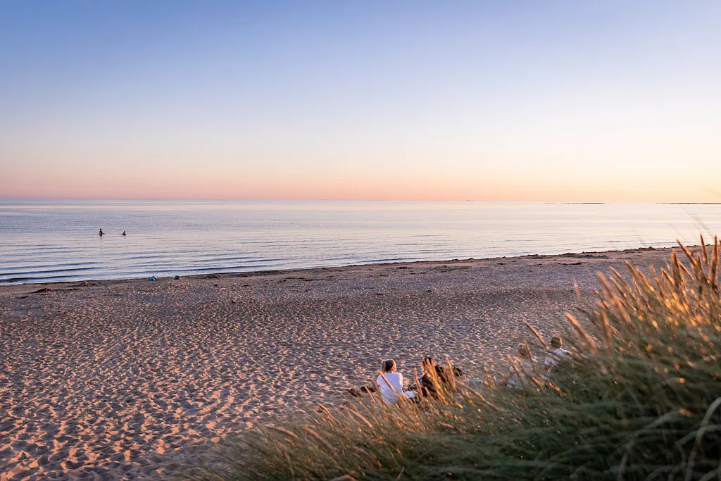 Fåtal personer på en strand i solnedgången.