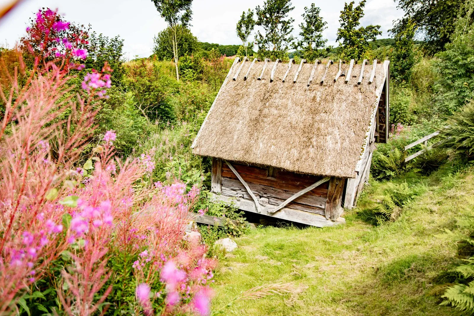En liten skvaltkvarn med halmtak inbäddat i grönska.