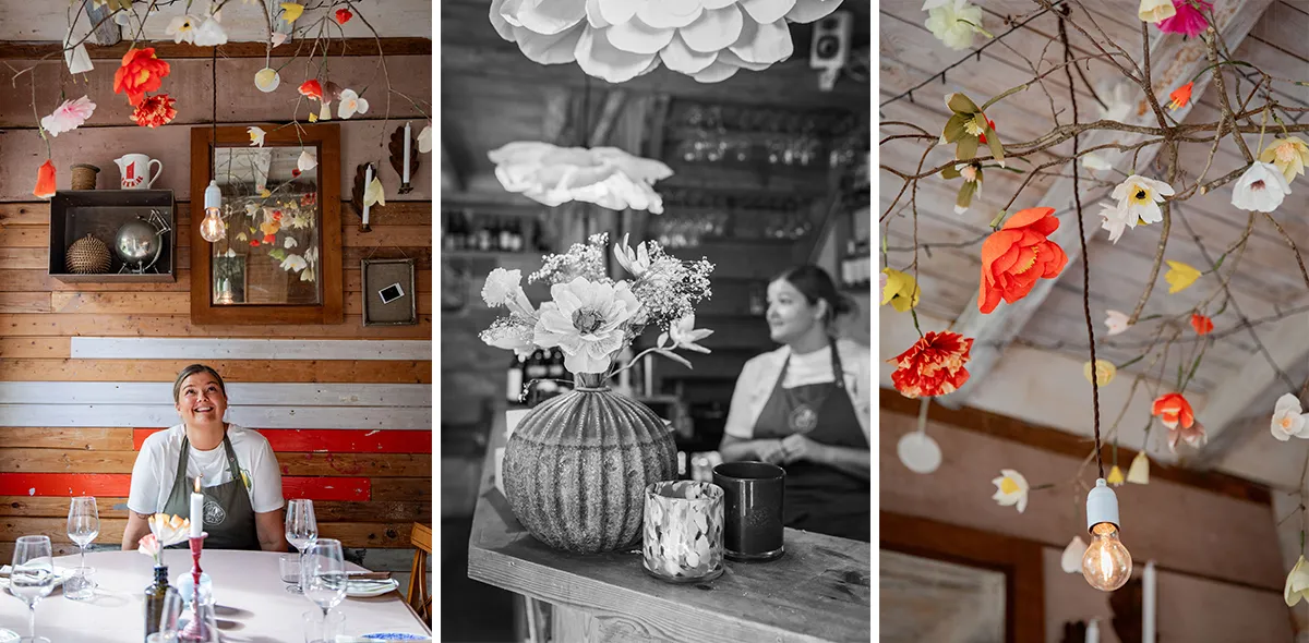 Tre bilder med Emilia och hennes pappersblommor.