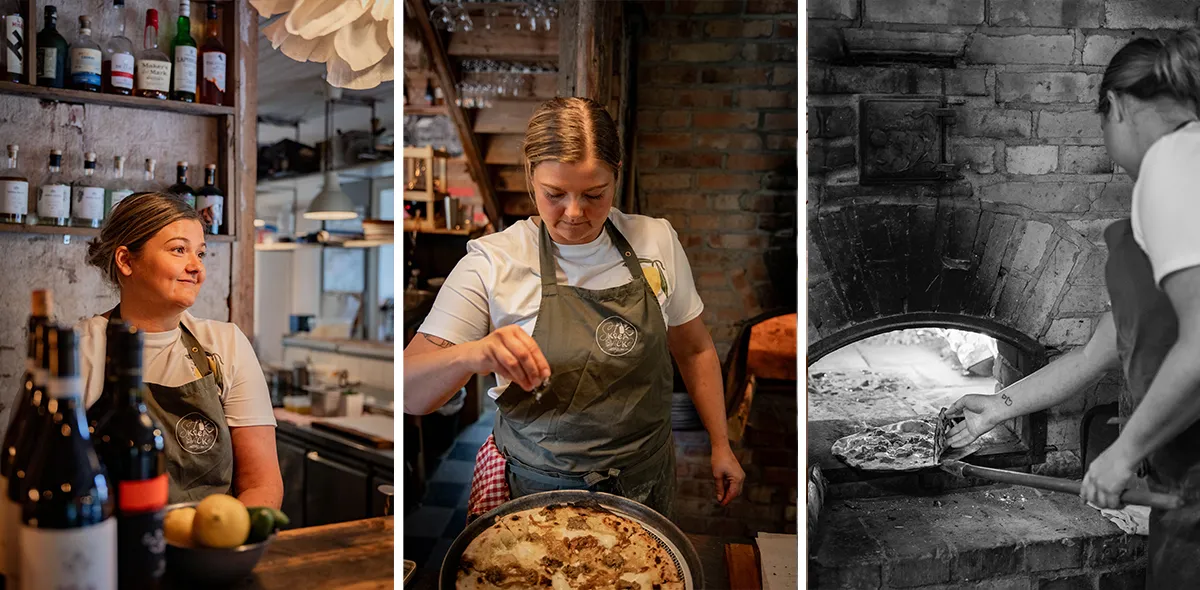 Tre bilder där kvinna gör pizza.