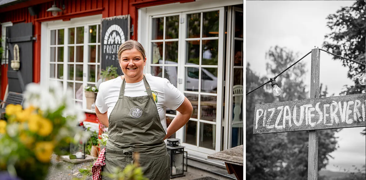 Kvinna står framför restaurang i lantlig miljö.
