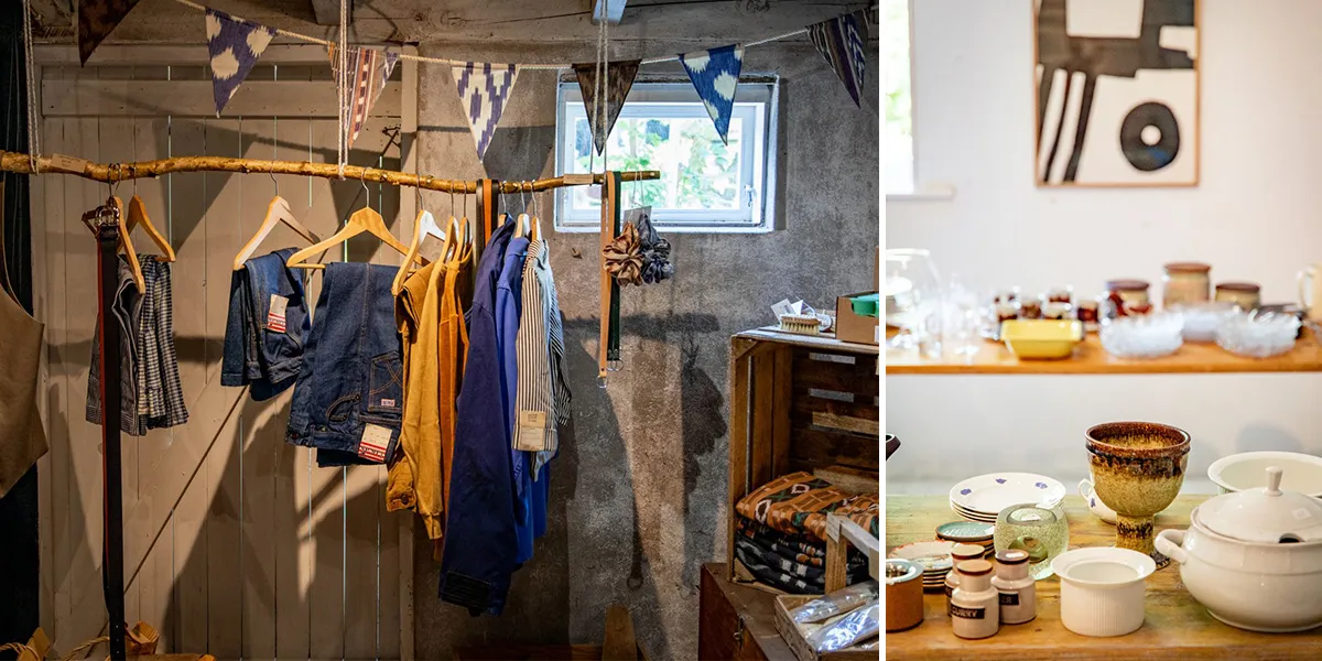 Miljö i butik med försäljen av kläder och loppisföremål.