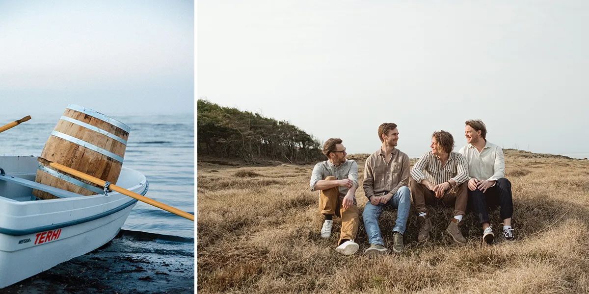 Collage med en bild av en trätunna i en båt, en bild med fyra killar som sitter i naturen.