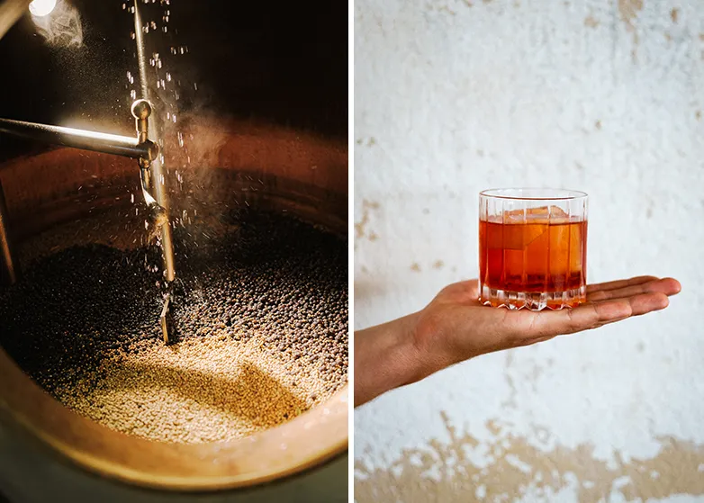 collage med en bild av en röd drink och en bild av bryggeri av gin.