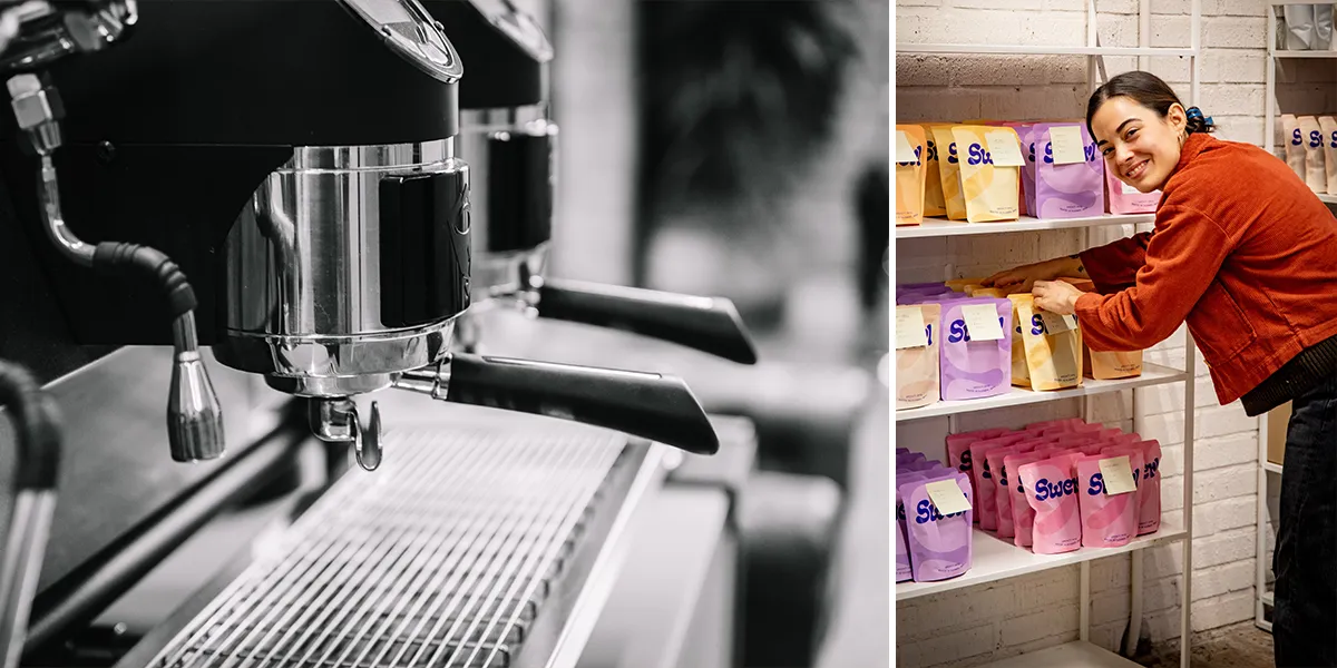 Collage med två bilder, en närbild på en kaffemaskin och en kvinns som står och fyller på färgglada påsar med kaffe på en hylla.