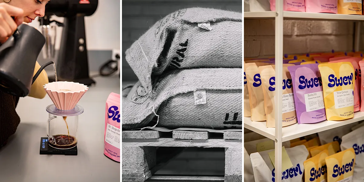 Collage med tre bilder från ett kafferoster, säckar, påsar och en kvinna som häller upp kaffe.