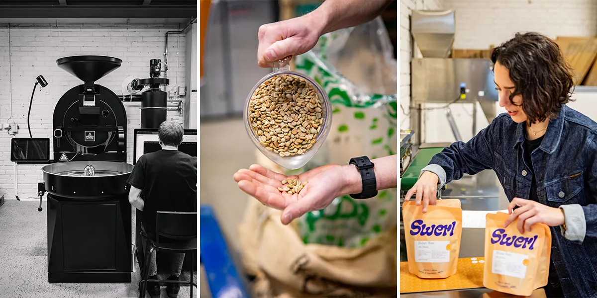 Collage med tre bilder från ett kafferosteri. Rosten, bönor och en kvinna som packar i påsar.