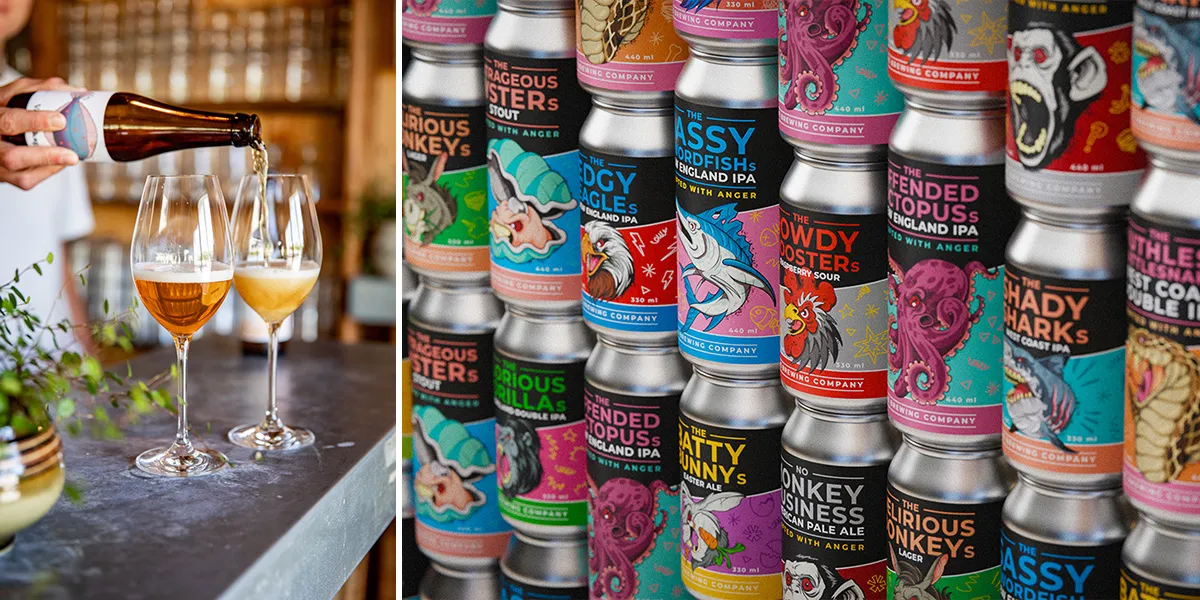 Ölburkar på rad samt att en hand häller upp öl i två glas.