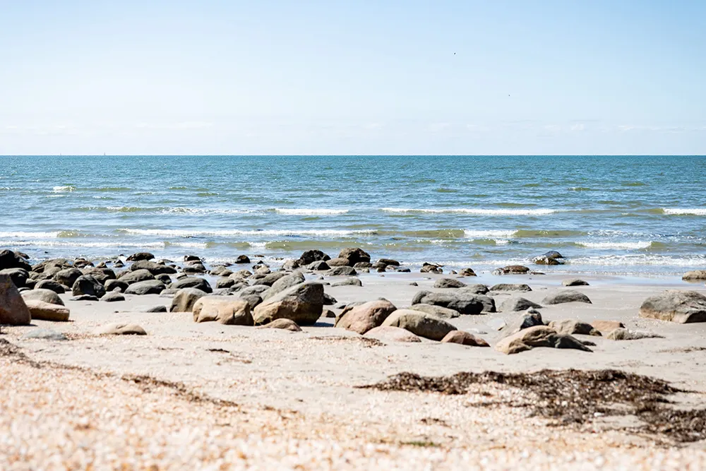 Strand med stenar och havet