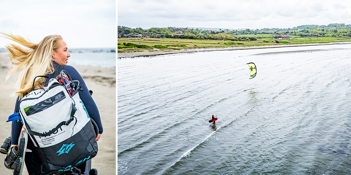 Collage med två bilder, en på en kvinna som går i våtdräkt och en flygbild över havet med en som kitesurfar.