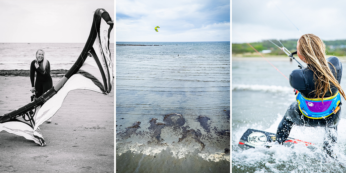 Tre bilder med en tjej som kitesurfar, både närbild och på håll.