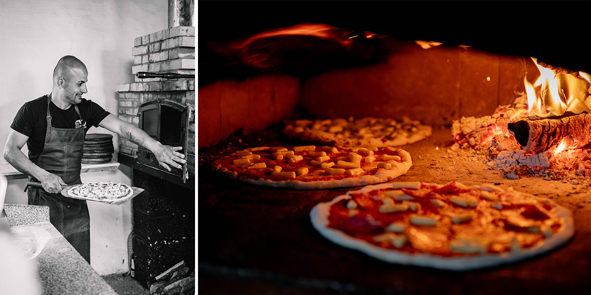 collage med två bilder, en mans som skjutsar in pizza i ugn och en där man ser pizzor gräddas inne i en vedeldad ugn.