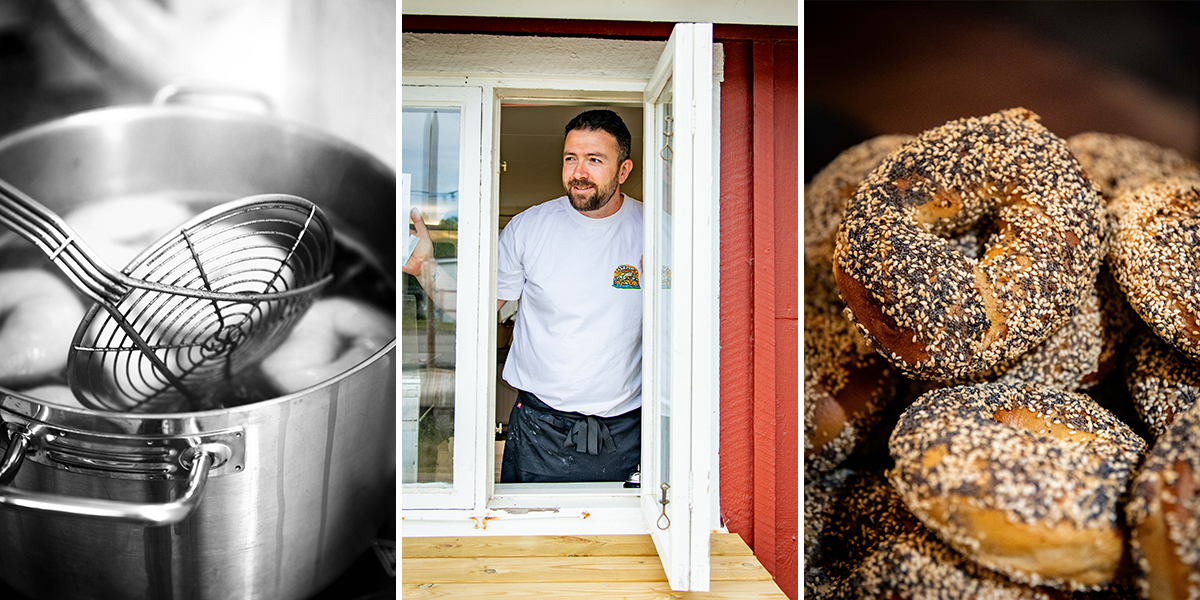 Ett collage med tre bilder, en bagare och två bilder med bagels.