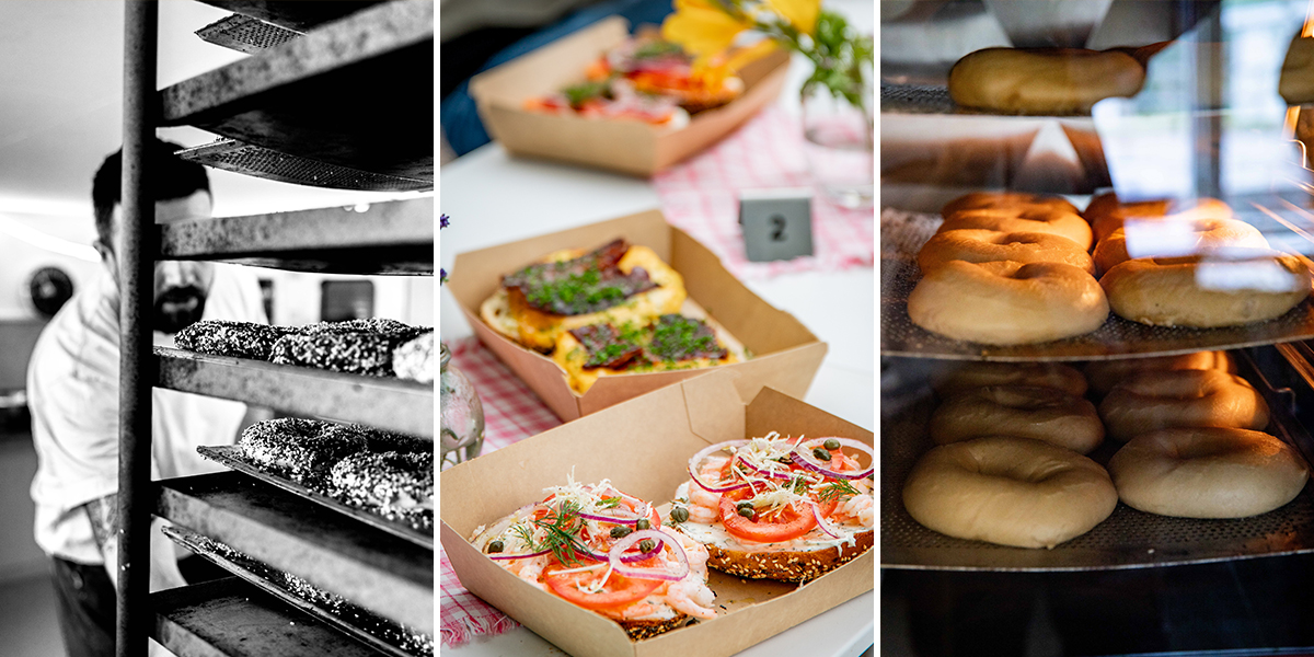 Ett collage med tre bilder från en miljö där man bakar bagels.