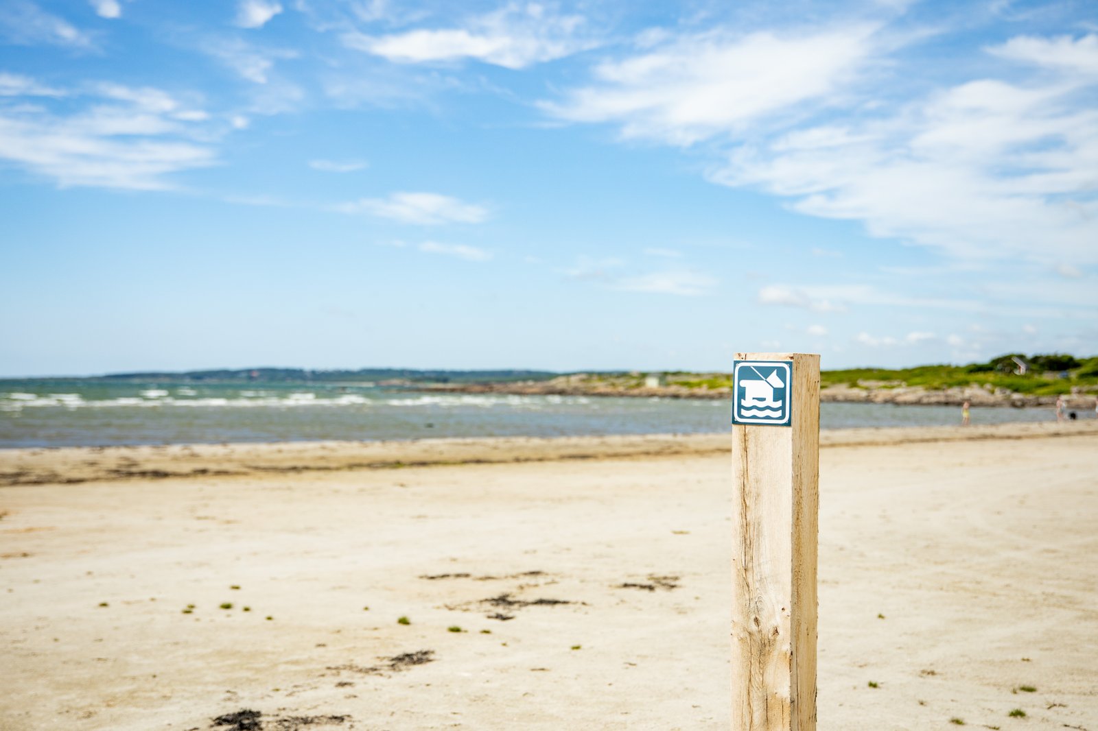 en stolpe med en hundbadsskylt på en strand
