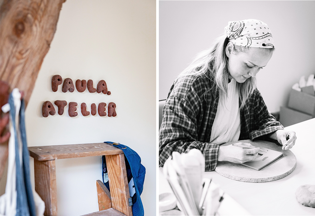 collage med två bilder, på en sitter en kvinna och jobbar med lera och på en finns bokstäverna "Paula Atelier" upphängda på en vit vägg ovanför en trappstege i trä.